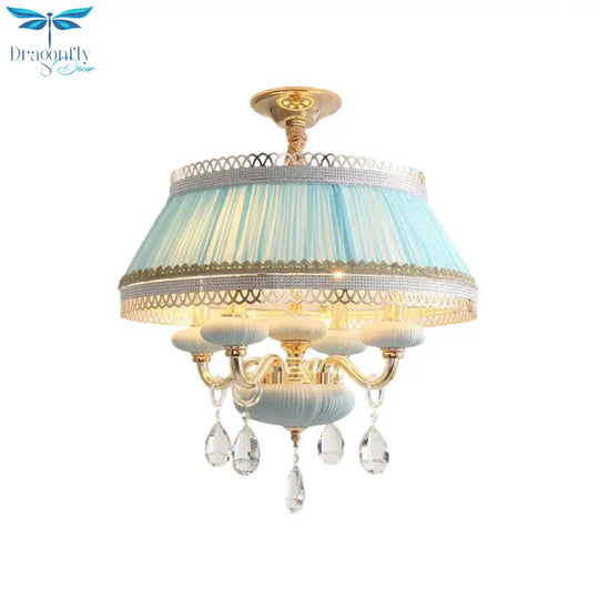 Fabric Pink/Blue Ceiling Lamp Drum 4 Lights Rustic Chandelier Pendant Light With Crystal Drop