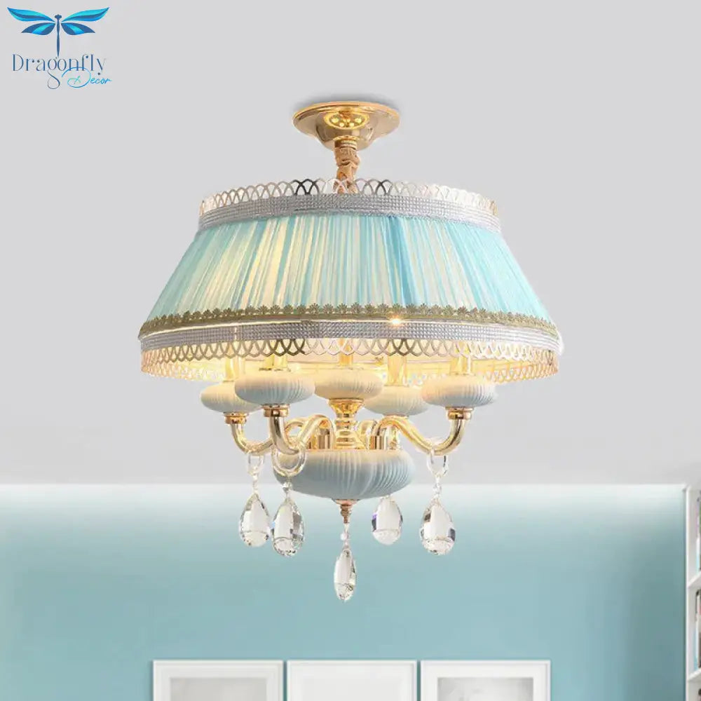 Fabric Pink/Blue Ceiling Lamp Drum 4 Lights Rustic Chandelier Pendant Light With Crystal Drop