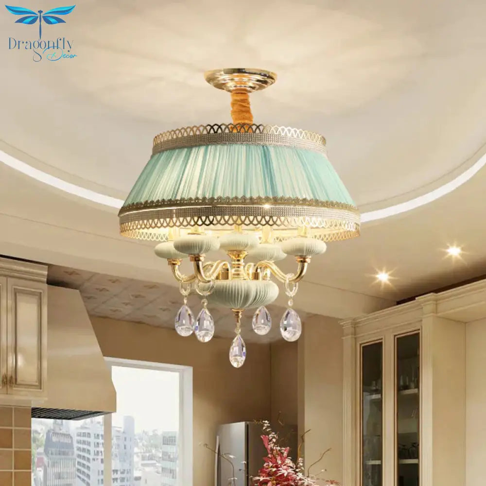 Fabric Pink/Blue Ceiling Lamp Drum 4 Lights Rustic Chandelier Pendant Light With Crystal Drop