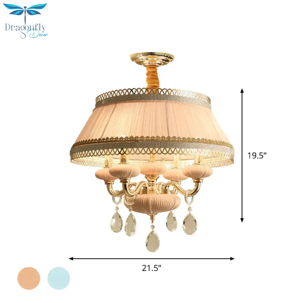 Fabric Pink/Blue Ceiling Lamp Drum 4 Lights Rustic Chandelier Pendant Light With Crystal Drop