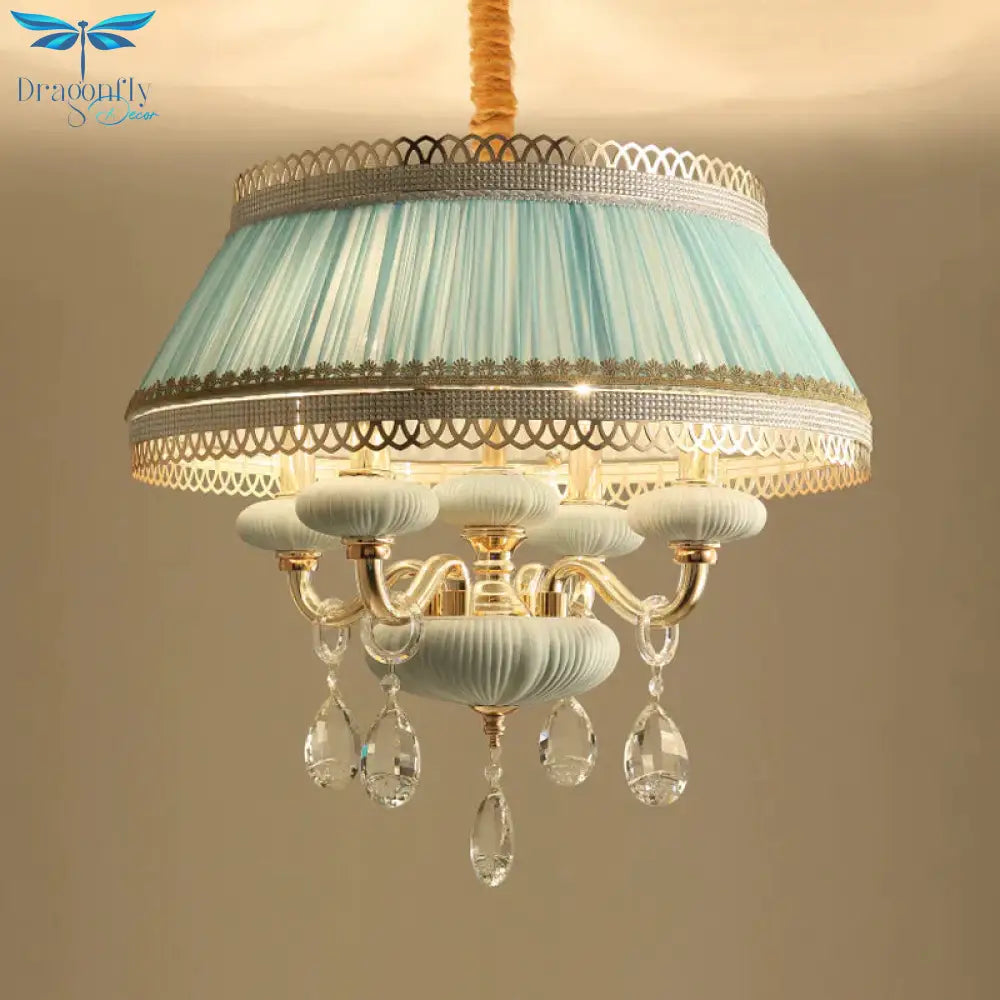 Fabric Pink/Blue Ceiling Lamp Drum 4 Lights Rustic Chandelier Pendant Light With Crystal Drop