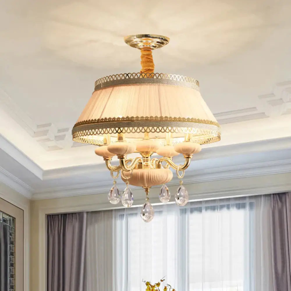 Fabric Pink/Blue Ceiling Lamp Drum 4 Lights Rustic Chandelier Pendant Light With Crystal Drop Pink