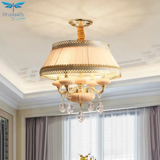 Fabric Pink/Blue Ceiling Lamp Drum 4 Lights Rustic Chandelier Pendant Light With Crystal Drop