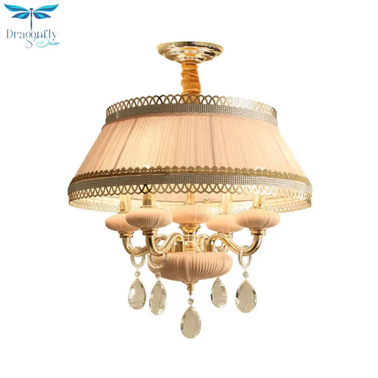 Fabric Pink/Blue Ceiling Lamp Drum 4 Lights Rustic Chandelier Pendant Light With Crystal Drop