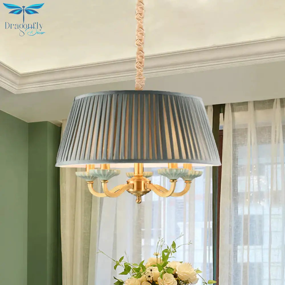 Fabric Pleated Drum Ceiling Chandelier Country 5 - Head Dining Room Hanging Pendant Light In Gray