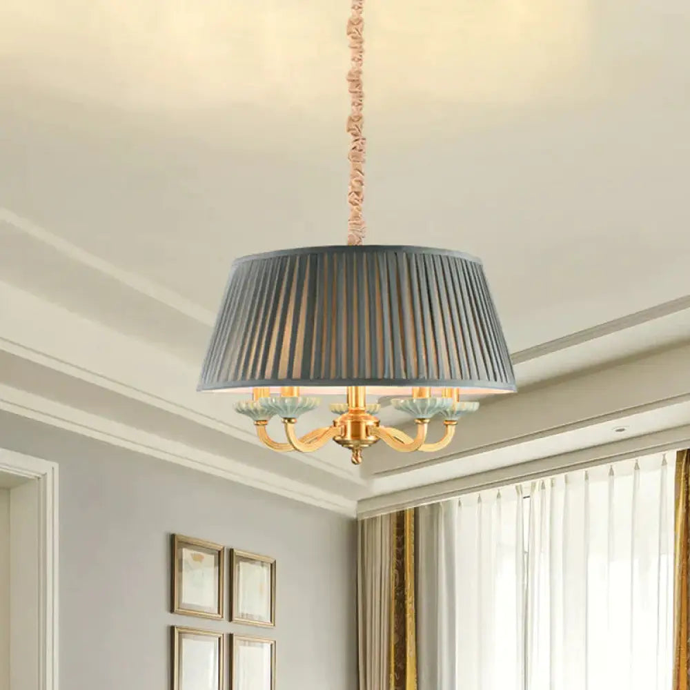 Fabric Pleated Drum Ceiling Chandelier Country 5 - Head Dining Room Hanging Pendant Light In Gray