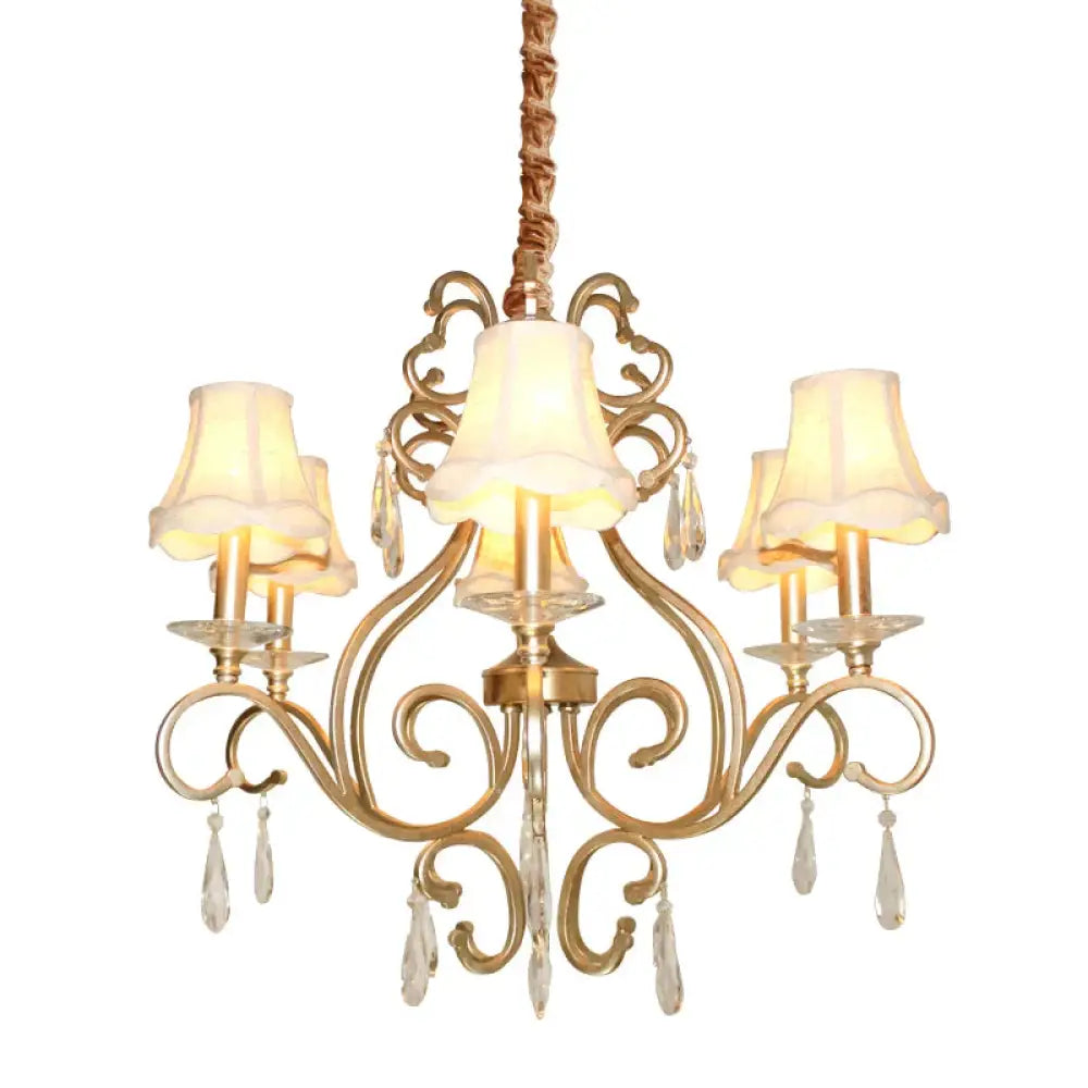 Fabric Shade Crystal Teardrop Chandelier Traditional 6 - Bulb Hallway Ceiling Light In Gold