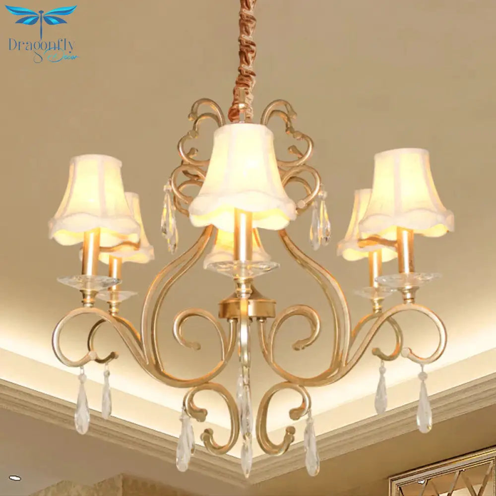 Fabric Shade Crystal Teardrop Chandelier Traditional 6 - Bulb Hallway Ceiling Light In Gold