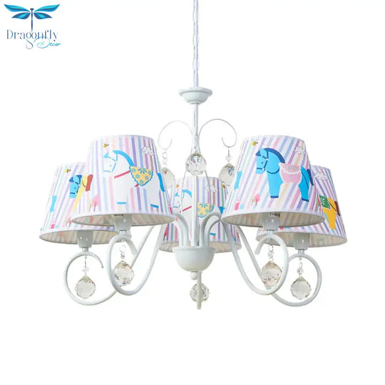 Fabric Tapered Ceiling Pendant Cartoon 5 Lights White Hanging Chandelier With Horse Pattern And