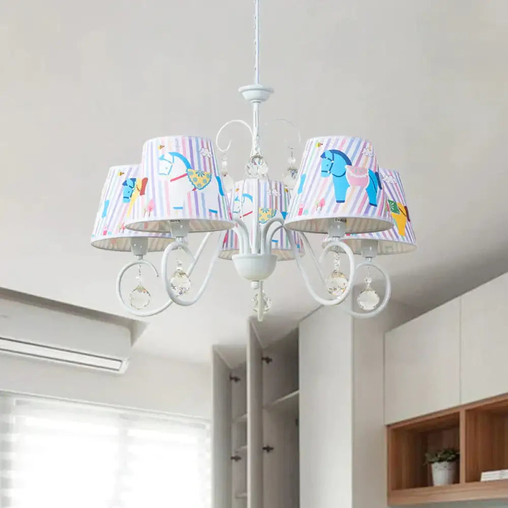 Fabric Tapered Ceiling Pendant Cartoon 5 Lights White Hanging Chandelier With Horse Pattern And
