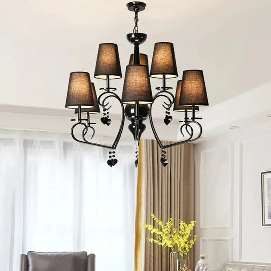 Fabric Tapered Hanging Ceiling Light Rustic 6/9 Lights Living Room Chandelier In Black 9 /