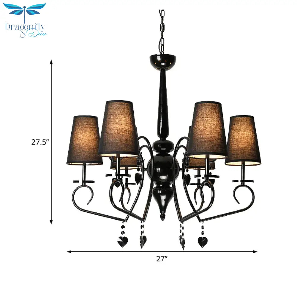 Fabric Tapered Hanging Ceiling Light Rustic 6/9 Lights Living Room Chandelier In Black