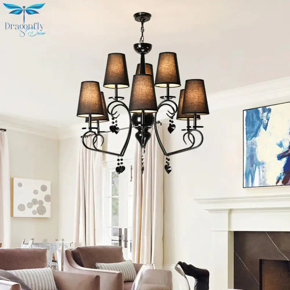 Fabric Tapered Hanging Ceiling Light Rustic 6/9 Lights Living Room Chandelier In Black