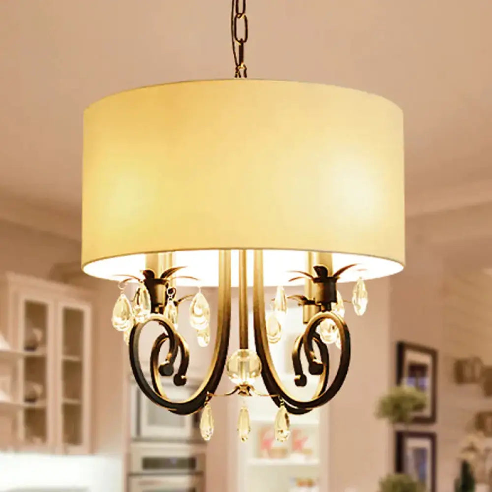 Fabric White Pendant Lamp Drum 4 Lights Traditional Chandelier Light Fixture For Bedroom