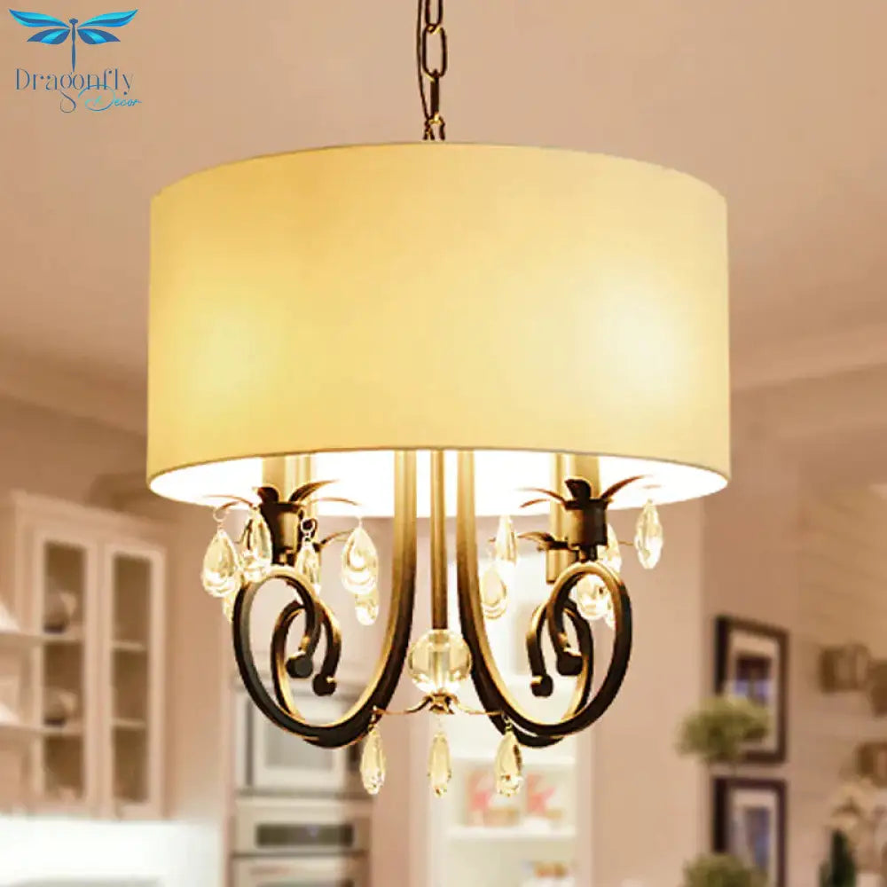 Fabric White Pendant Lamp Drum 4 Lights Traditional Chandelier Light Fixture For Bedroom