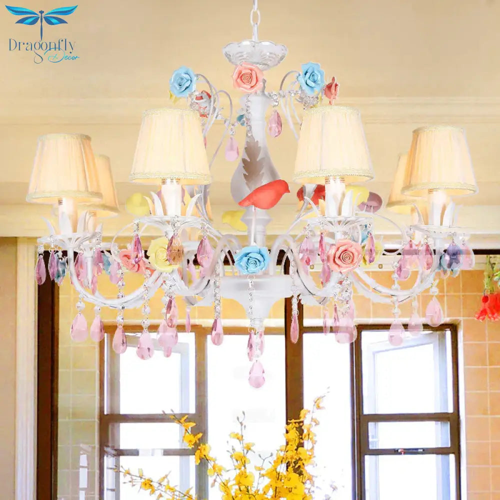 Fabric White Suspension Light Pleated Shade 3/8 Lights Korean Garden Pendant Chandelier With Pink