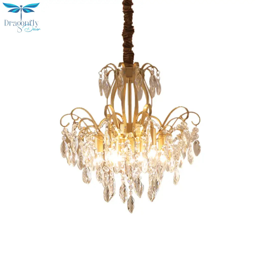 Faceted Crystal Waterfall Pendant Traditionalism 7 - Bulb Living Room Hanging Chandelier In Gold