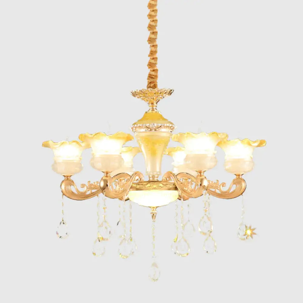 Fading Yellow Glass Ruffle Chandelier Postmodern 6 Lights Hotel Hanging Lamp In Gold