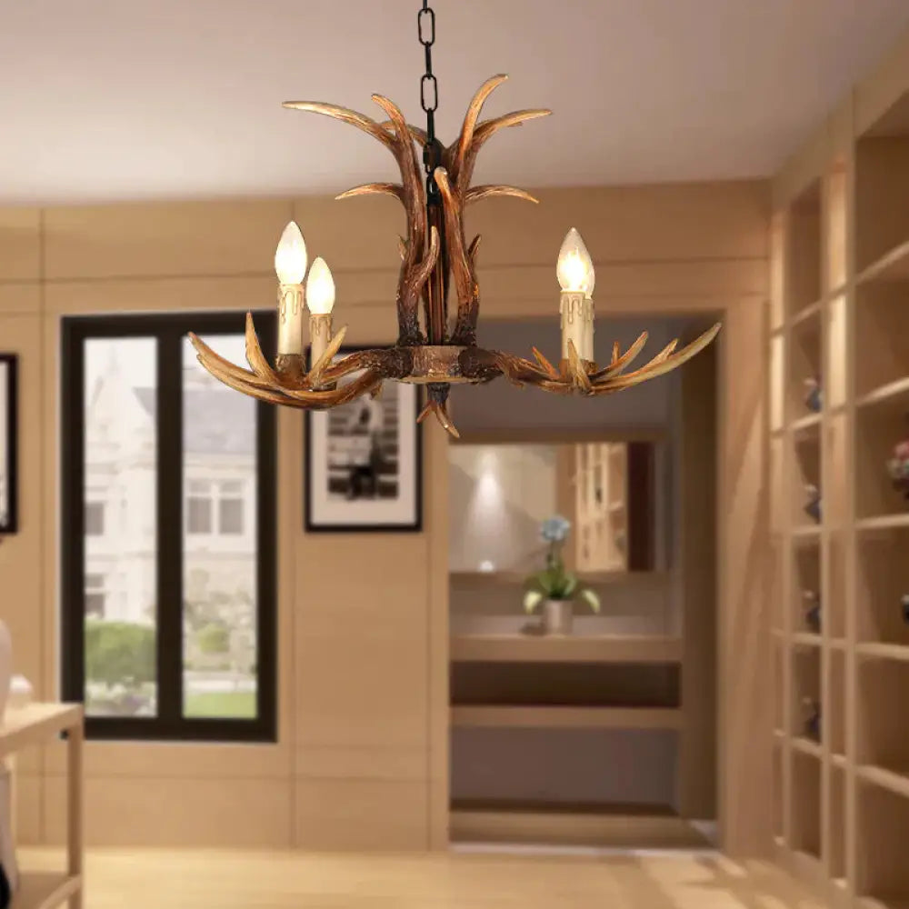 Faux Antler Bedroom Drop Lamp Traditional Resin 4/6/8 Bulbs Brown Chandelier Pendant Light 4 /