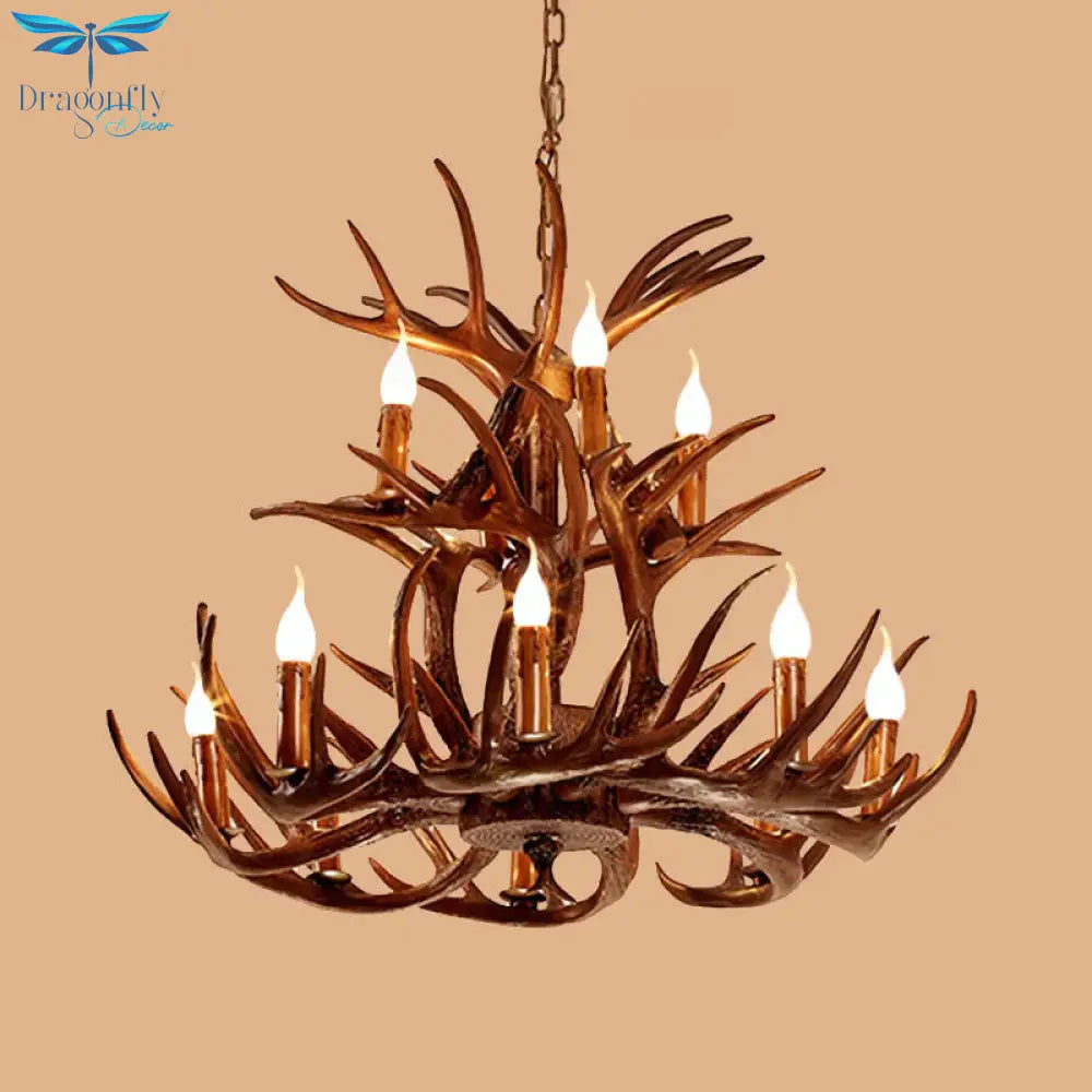 Faux Antler Resin Chandelier Lighting Cottage 9/12 Heads Restaurant Hanging Pendant Light In Brown