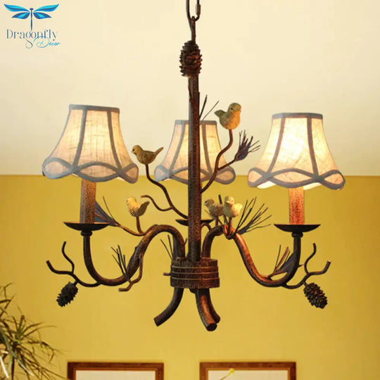 Flared Fabric Hanging Chandelier Rural 3 - Light Dining Room Pendant With Bird And Pinecone