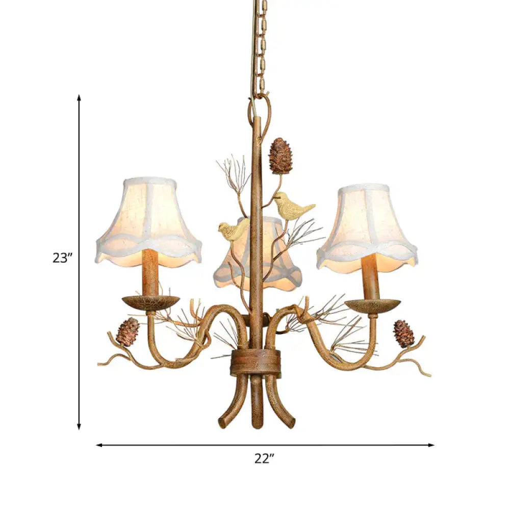 Flared Fabric Hanging Chandelier Rural 3 - Light Dining Room Pendant With Bird And Pinecone