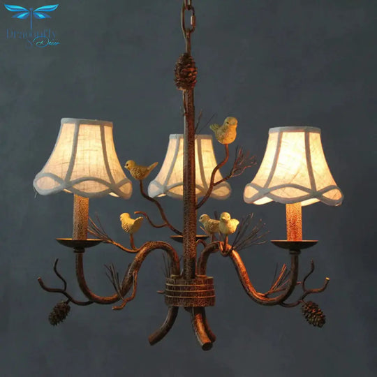 Flared Fabric Hanging Chandelier Rural 3 - Light Dining Room Pendant With Bird And Pinecone
