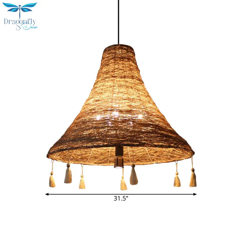 Flared Manila Rope Suspension Pendant Asian 23.5’/31.5’ Width 3 Bulbs Yellow Chandelier Light