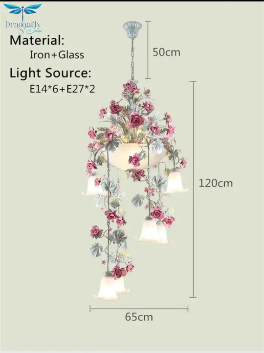 Floral Art Deco Chandelier Lamp - Pink Rose Flower Lustre Light Fixture For Decoration Pendant