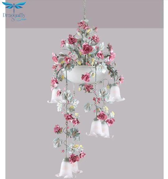 Floral Art Deco Chandelier Lamp - Pink Rose Flower Lustre Light Fixture For Decoration Pendant