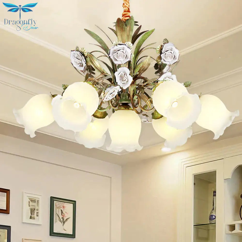 Floral Bedroom Chandelier Light Pastoral Metal 4/7 Heads Green Ceiling Lamp With Rose Decoration