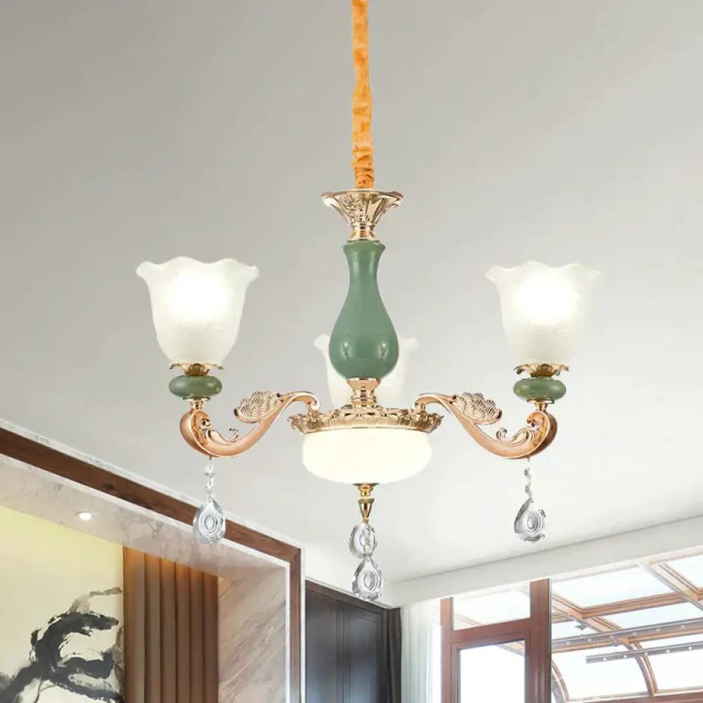 Floral Bedroom Up Chandelier Antique Milk Frosted Glass 3/6 Bulbs Gold And Green Hanging Light With