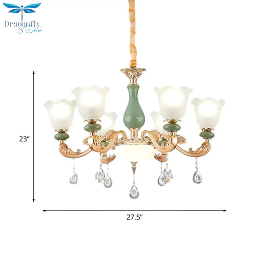 Floral Bedroom Up Chandelier Antique Milk Frosted Glass 3/6 Bulbs Gold And Green Hanging Light With