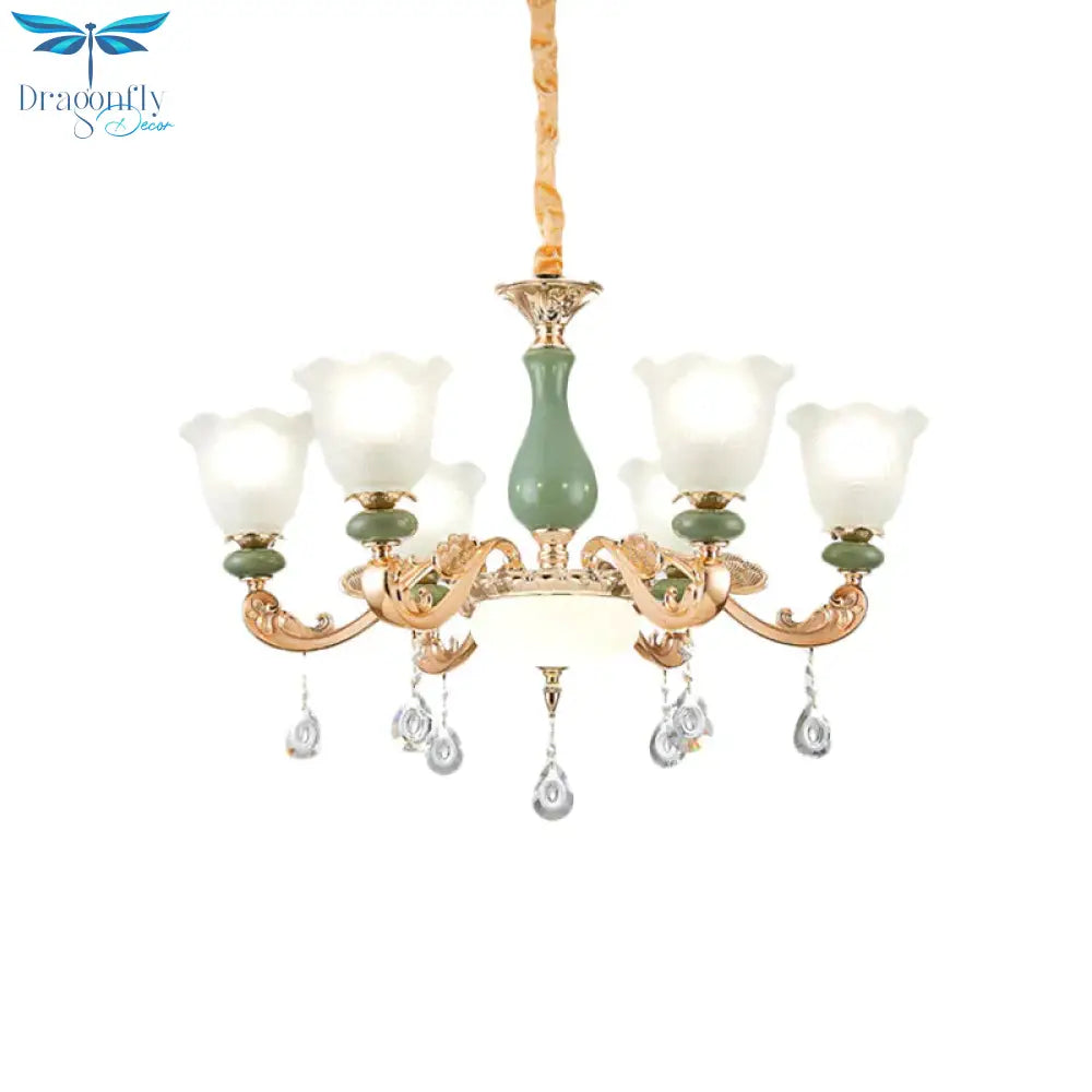 Floral Bedroom Up Chandelier Antique Milk Frosted Glass 3/6 Bulbs Gold And Green Hanging Light With