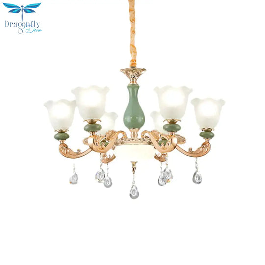 Floral Bedroom Up Chandelier Antique Milk Frosted Glass 3/6 Bulbs Gold And Green Hanging Light With