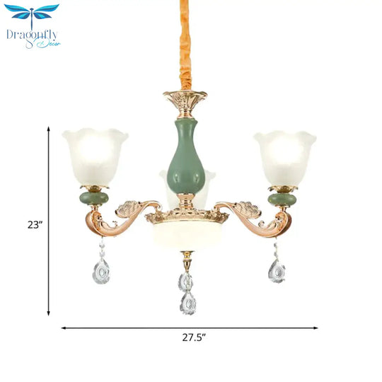 Floral Bedroom Up Chandelier Antique Milk Frosted Glass 3/6 Bulbs Gold And Green Hanging Light With