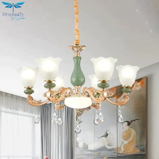 Floral Bedroom Up Chandelier Antique Milk Frosted Glass 3/6 Bulbs Gold And Green Hanging Light With