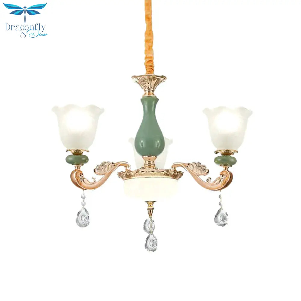 Floral Bedroom Up Chandelier Antique Milk Frosted Glass 3/6 Bulbs Gold And Green Hanging Light With