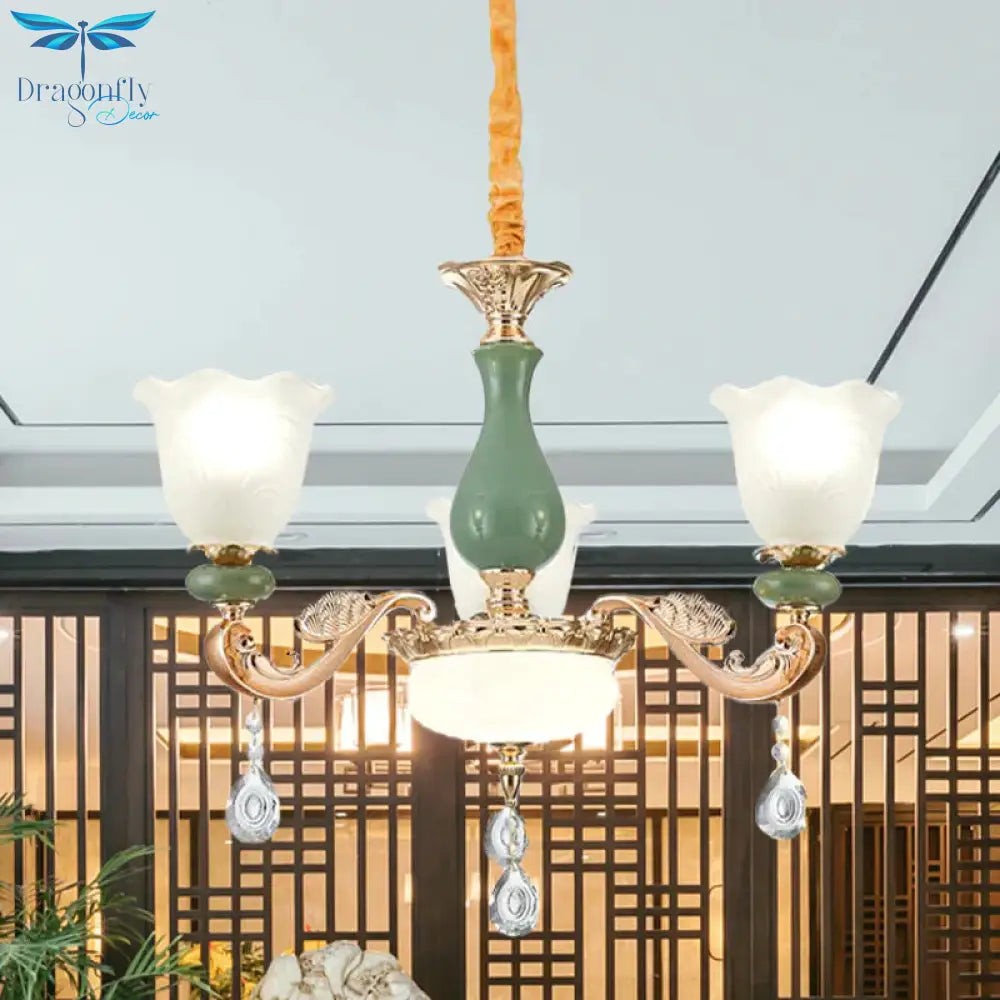 Floral Bedroom Up Chandelier Antique Milk Frosted Glass 3/6 Bulbs Gold And Green Hanging Light With