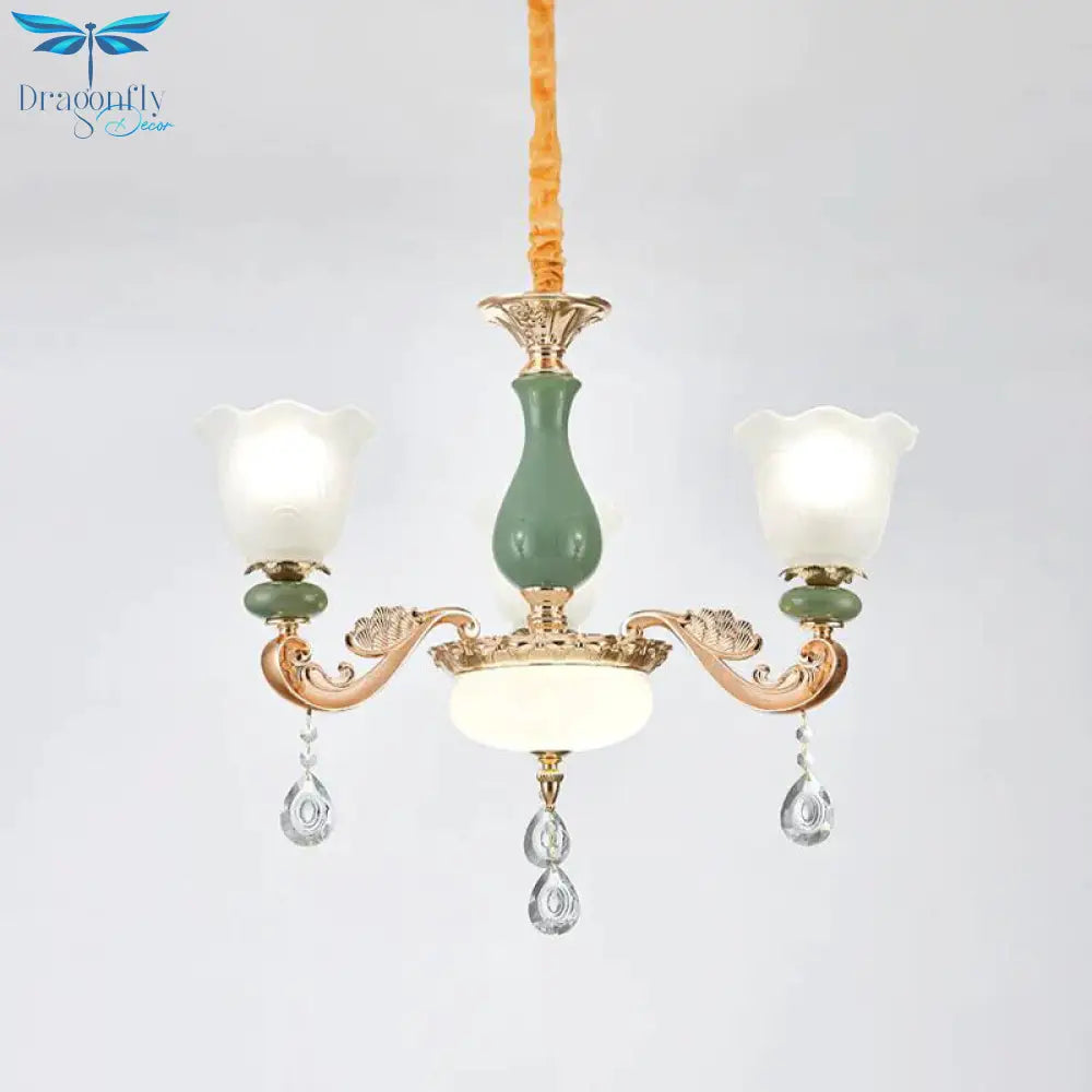 Floral Bedroom Up Chandelier Antique Milk Frosted Glass 3/6 Bulbs Gold And Green Hanging Light With