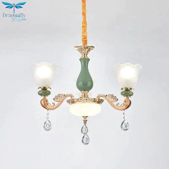 Floral Bedroom Up Chandelier Antique Milk Frosted Glass 3/6 Bulbs Gold And Green Hanging Light With