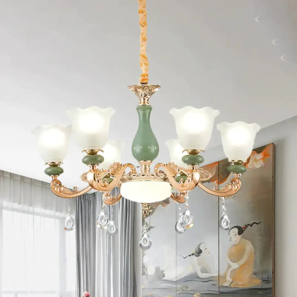 Floral Bedroom Up Chandelier Antique Milk Frosted Glass 3/6 Bulbs Gold And Green Hanging Light With