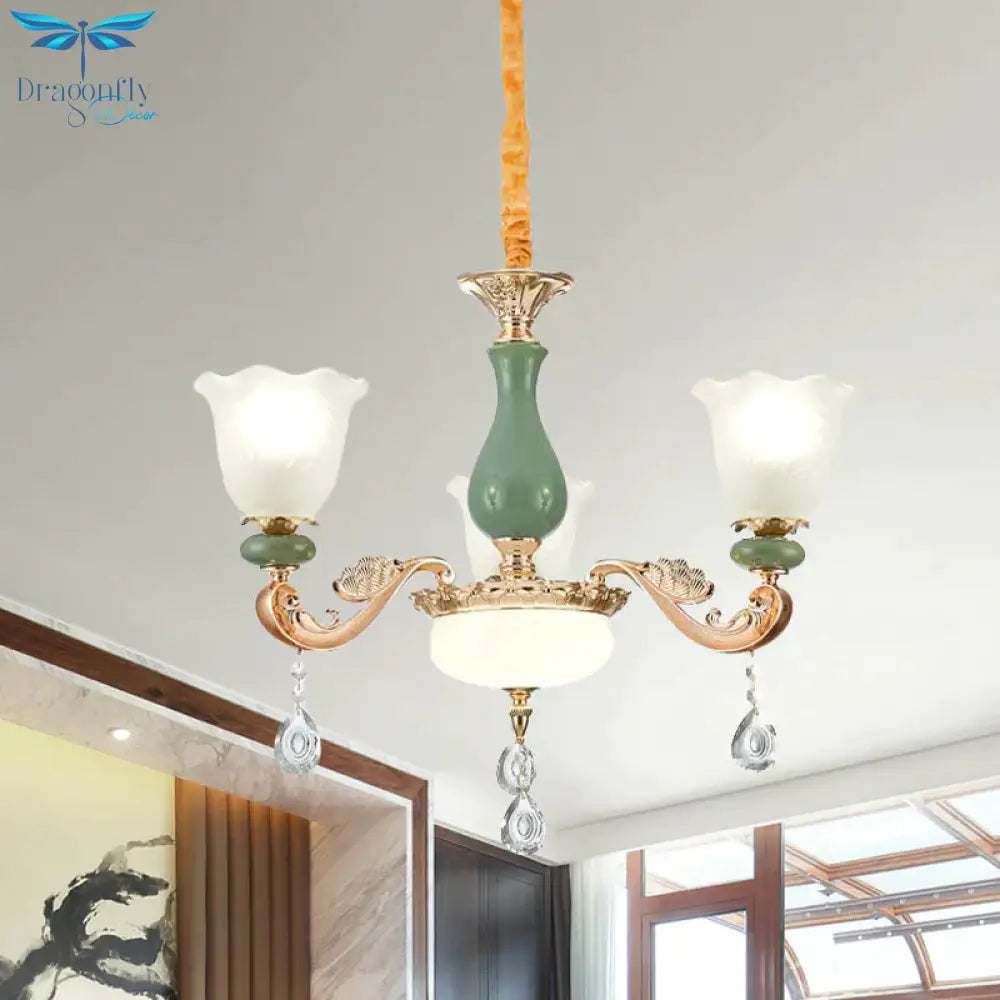 Floral Bedroom Up Chandelier Antique Milk Frosted Glass 3/6 Bulbs Gold And Green Hanging Light With