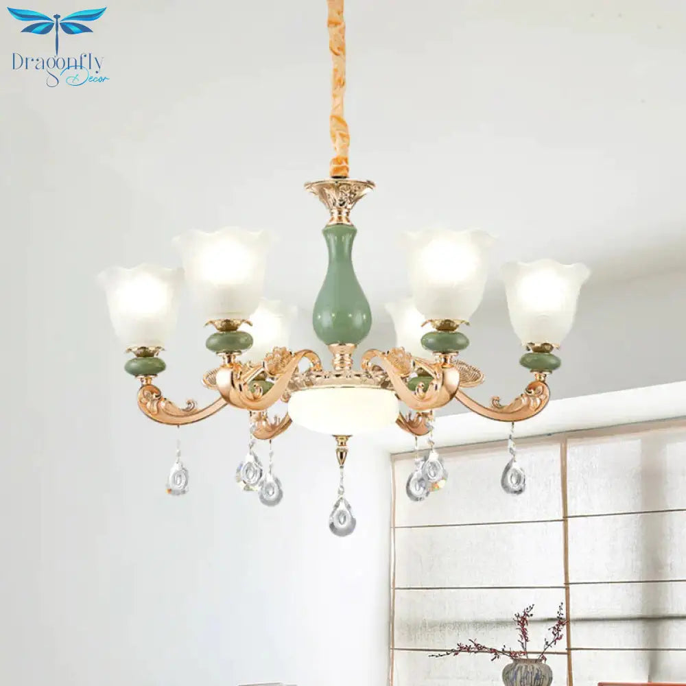 Floral Bedroom Up Chandelier Antique Milk Frosted Glass 3/6 Bulbs Gold And Green Hanging Light With