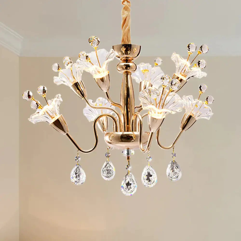 Floral Crystal Chandelier Lighting Traditionary 8 Bulbs Gold Pendant Light Fixture With Curved Arm