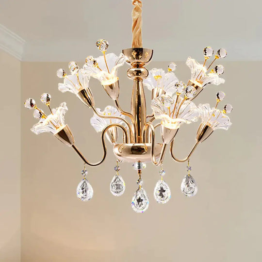 Floral Crystal Chandelier Lighting Traditionary 8 Bulbs Gold Pendant Light Fixture With Curved Arm