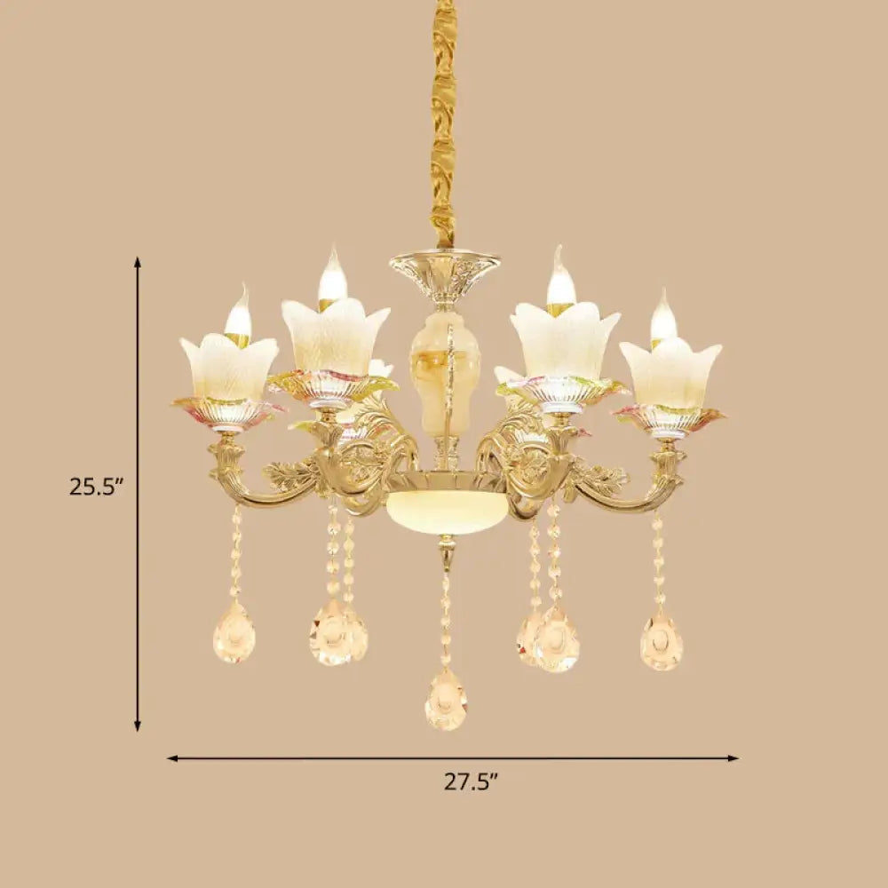 Floral Family Room Ceiling Chandelier Antique White Glass 6 - Head Gold Hanging Light Fixture