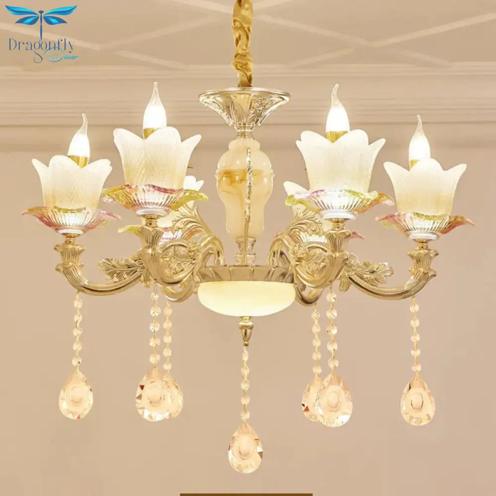 Floral Family Room Ceiling Chandelier Antique White Glass 6 - Head Gold Hanging Light Fixture
