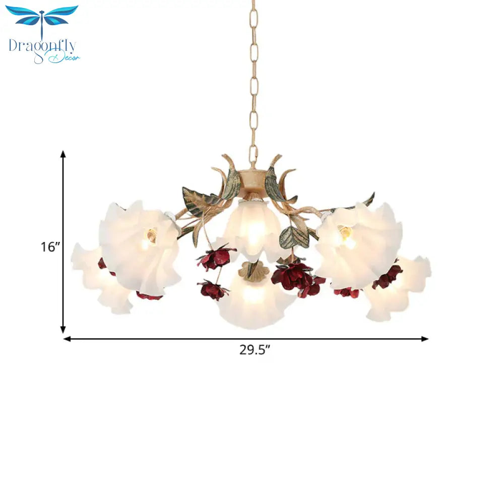 Floral Hallway Ceiling Chandelier American Garden Frosted Glass 4/6 - Head Red Pendant Lamp