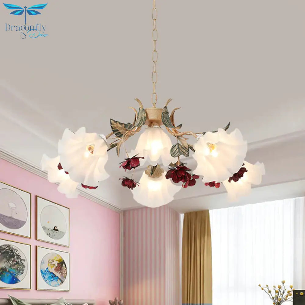 Floral Hallway Ceiling Chandelier American Garden Frosted Glass 4/6 - Head Red Pendant Lamp